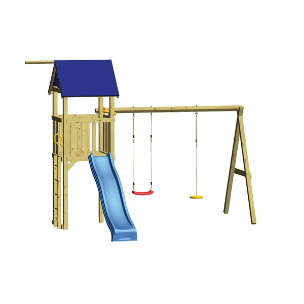 Spielturm aus Holz mit Rutsche und Schaukel